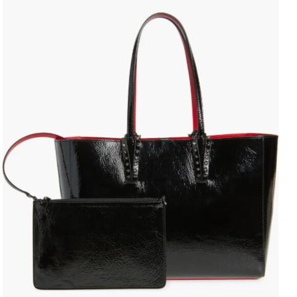 NWT CHRISTIAN LOUBOUTIN Cabata Patent Leather Soft Tote Bag Spikes w/Pouch Set - Picture 1 of 14